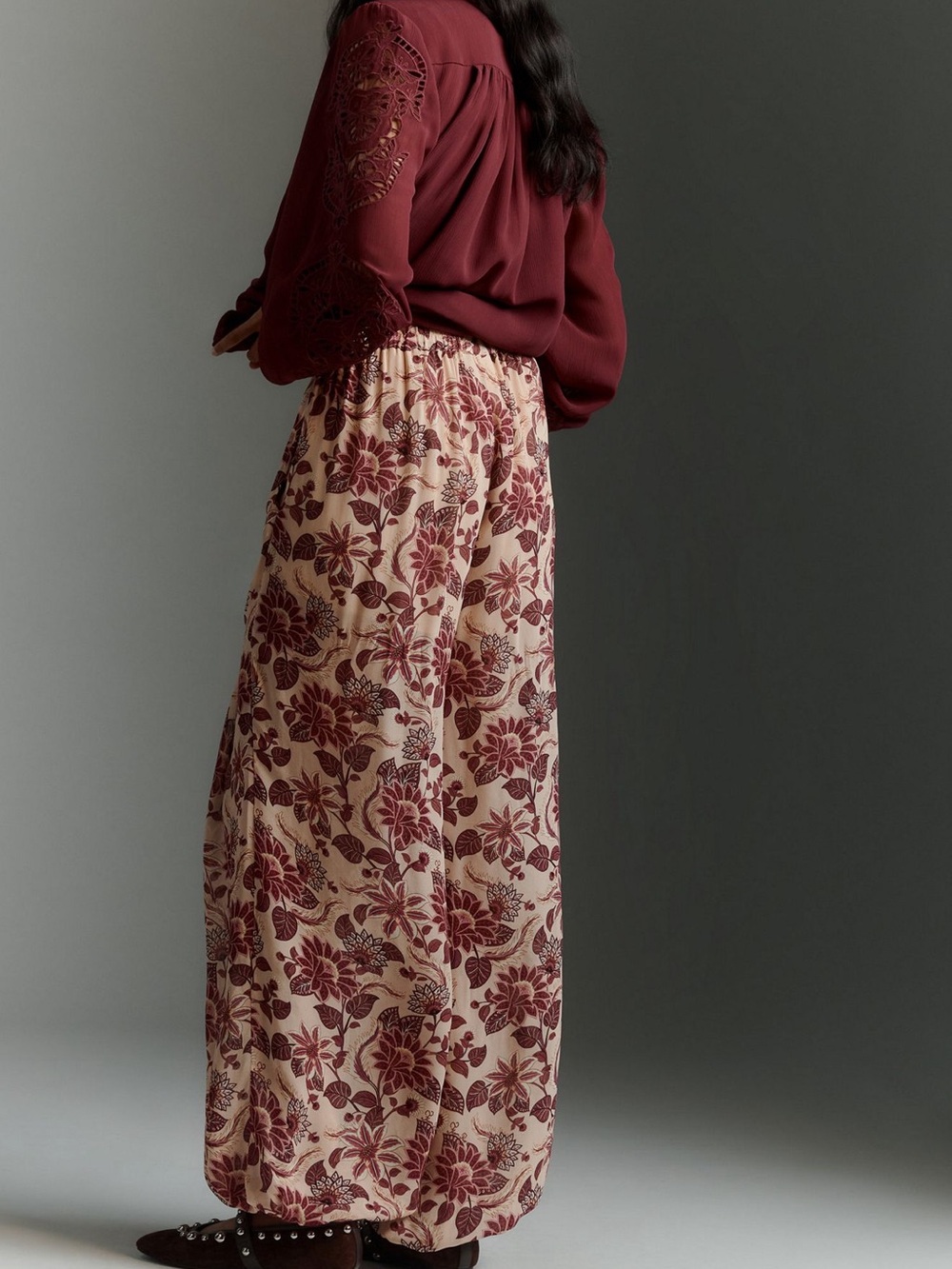 FARM Rio Burgundy Floral Balloon Pants on Cream Size L - Picture 9 of 13